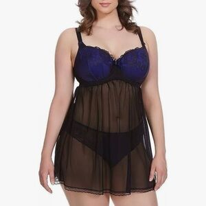 Elomi Anushka Padded Underwire Babydoll in Blue & Black EL4062 Size US 38DDD NWT